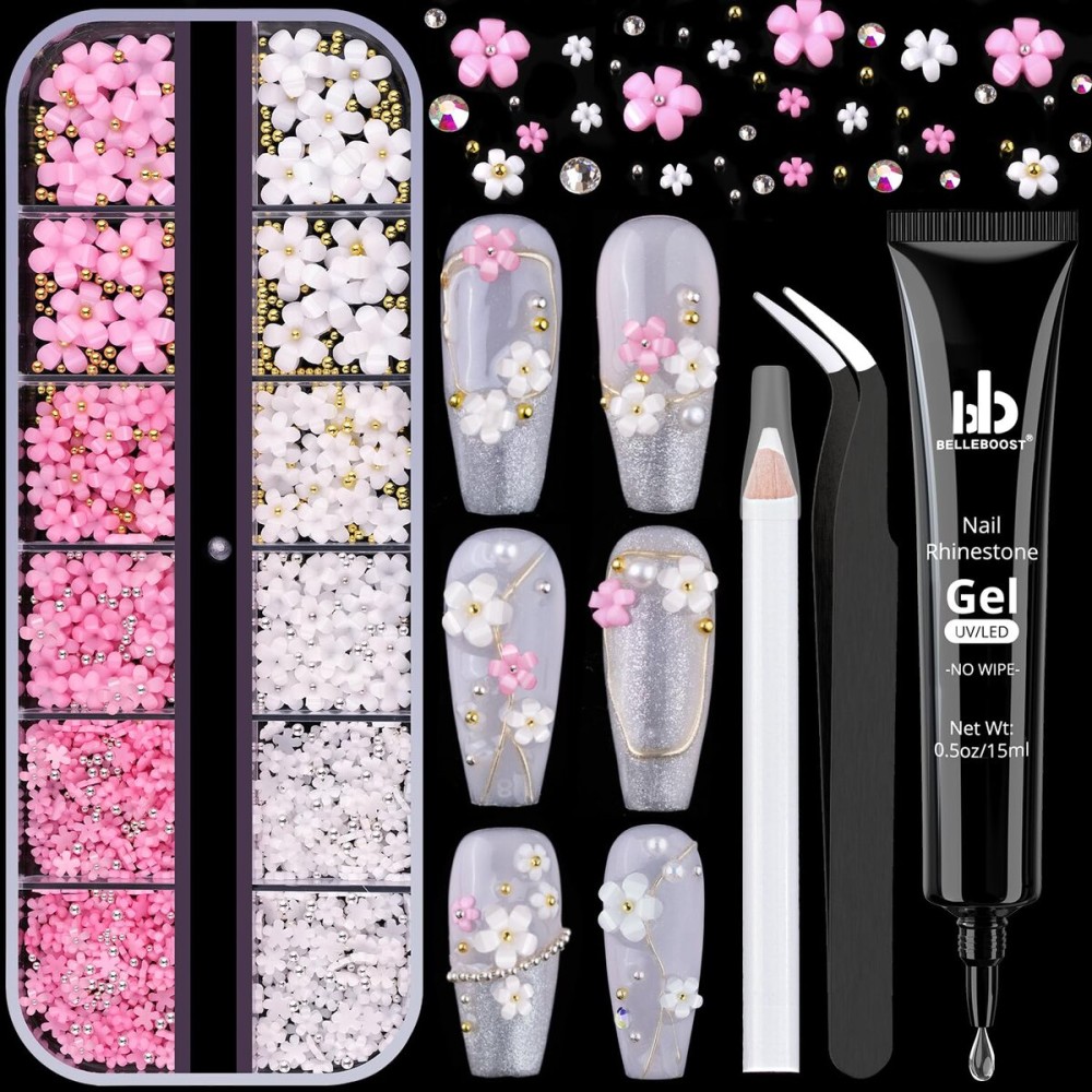 BELLEBOOST 3D Flowers Manicure Gems with Nail Rhinestone Glue Gel, White Pink Acrylic Flower Nail Charms with Caviar Beads, Rhinestones for Nails with Nail Gel (UV/LED Needed) with Dotting Tools