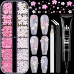BELLEBOOST 3D Flowers Manicure Gems with Nail Rhinestone Glue Gel, White Pink Acrylic Flower Nail Charms with Caviar Beads, Rhinestones for Nails with Nail Gel (UV/LED Needed) with Dotting Tools
