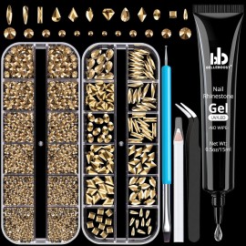 Multifunctional Rhinestone Kit - Gold Glass Nail Charms & Beads (2-5mm), UV/LED Gel Glue with Dotting Tools