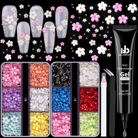3D Flowers, Manicure Kit with Gel Glue, Colorful Acrylic Flower Nail Charms & Caviar Beads, Rhinestones & Gem Glue (UV/LED Needed) with Pickup & Dotting Tools