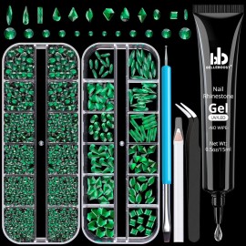 Rhinestones for Nails, Manicure Kit with Nail Rhinestone Glue Gel, Multi Shapes Dark Green Glass 3D Nail Charms + Flatback 2-5mm Round Beads & Gem Glue for Nails (UV/LED Needed) with Dotting Tools