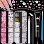 3D Nail Charms, Manicure Kit with Nail Rhinestone Glue Gel (UV Curing), Butterfly White Pink Flower Starry AB Gems Caviar Beads Half Round Pearl & Flatback Glass AB + Clear Gems with Dotting Tools