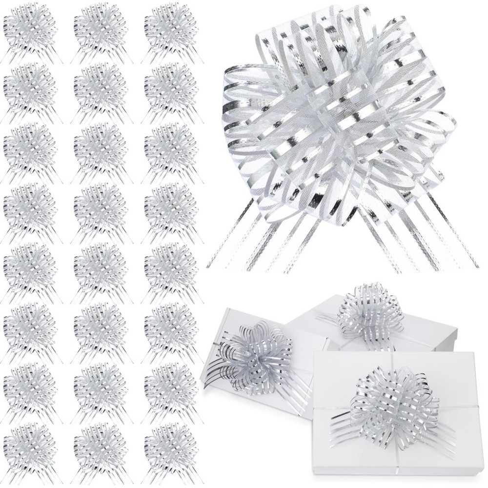 Poen 24 Pcs Organza Pull Bows Christmas 6 Inch Large Gift Wrapping Ribbon Bows Crafts for Present Wrapping with Ribbon for Gift Baskets Wedding Valentine Party Decor(Silver White)