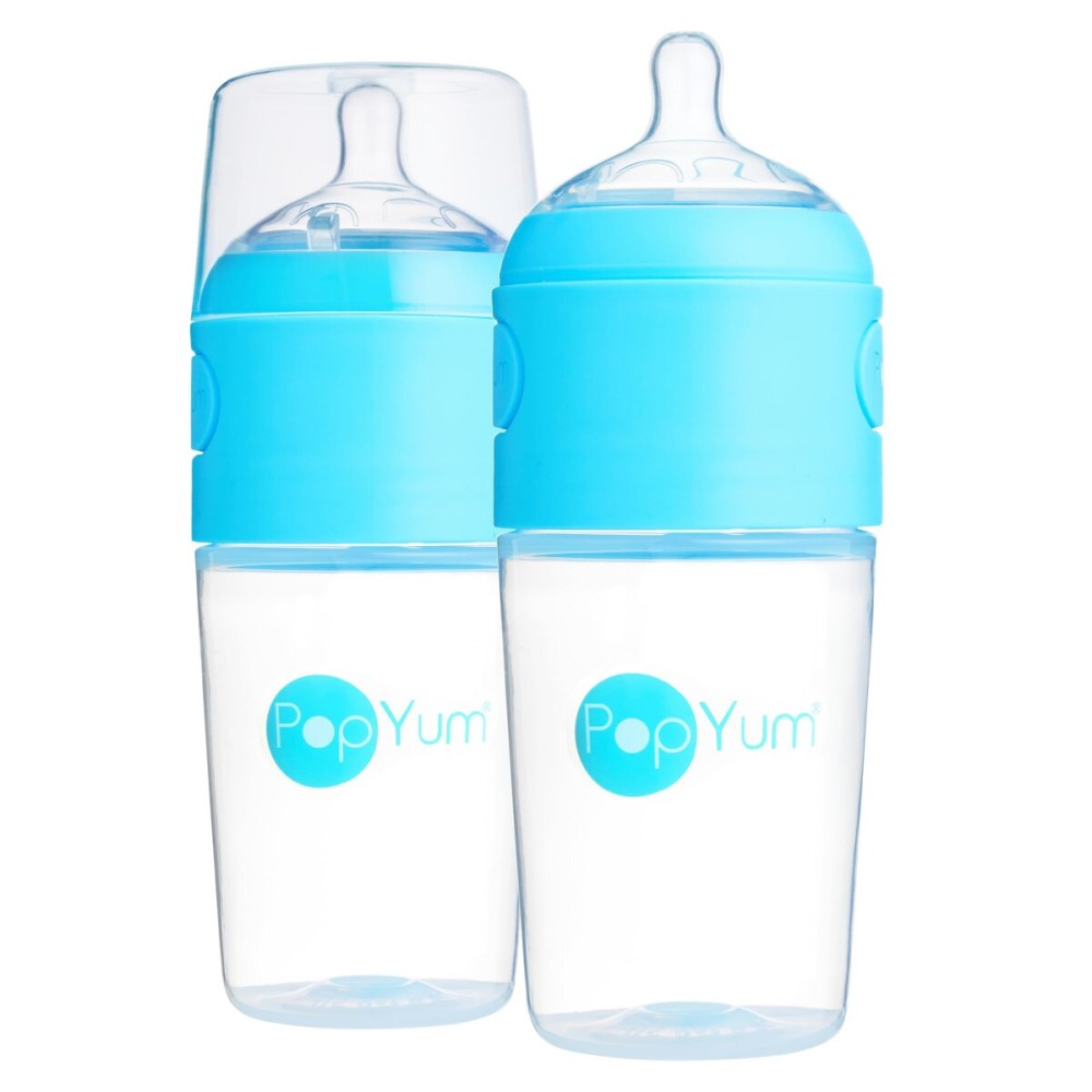 PopYum 9 oz Blue Anti-Colic Formula Making/Mixing/Dispenser Baby Bottles, 2-Pack with 2 Medium Flow Nipples, 260 ml, BPA-Free, Natural Latch