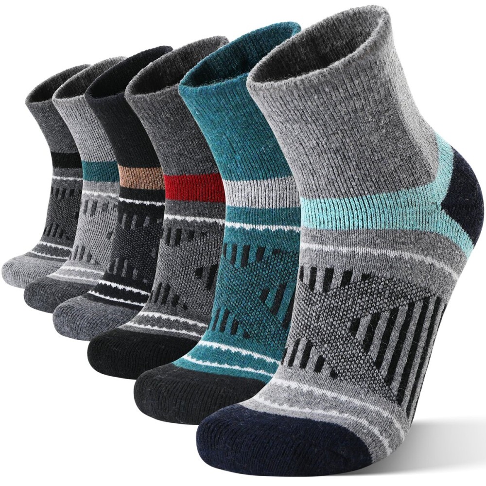 EBMORE Merino Wool Quarter Hiking Running Socks Compression Warm Winter Thermal Thick Cushion Moisture Wicking Socks Gifts Stocking Stuffers for Men 6 Pairs(Assorted,L)