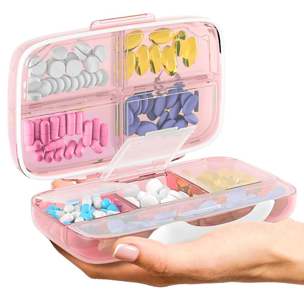 Travel Pill Organizer - Airtight Medicine Case for Traveling Portable Pharmacy Box with Labels Vitamin Container 8 Compartment Supplement Medication Holder Large Capacity Daily (Pink)