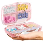 Travel Pill Organizer - Airtight Medicine Case for Traveling Portable Pharmacy Box with Labels Vitamin Container 8 Compartment Supplement Medication Holder Large Capacity Daily (Pink)
