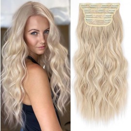Clip in Long Wavy Synthetic Hair Extension 20 Inch 4PCS Ash Brown Mixed Light Blonde Hairpieces Fiber Thick Double Weft Hair Extension for Women(4pcs, 20Inch, Ash Brown Mixed Light Blonde)