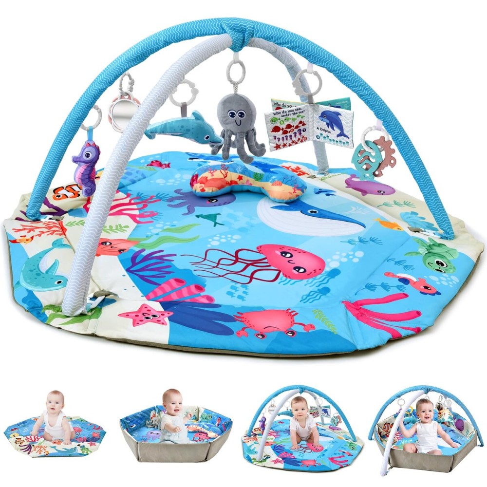 TFDER Baby Gym Play Mat, 8-in-1 Tummy Time Mat & Activity Gym, Washable Ball Pit, Infant Play Mat with Detachable Toys for Sensory Exploration and Motor Skill Development