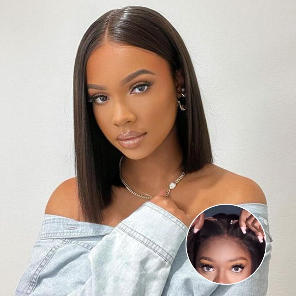 FACMOOD Wear and Go Glueless Bob Wig Human Hair Straight, 6x4 Pre-Cut HD Lace Glueless Wigs Pre-Plucked, Transparent Lace Front Closure Wigs for Women 180% Density 12 inch