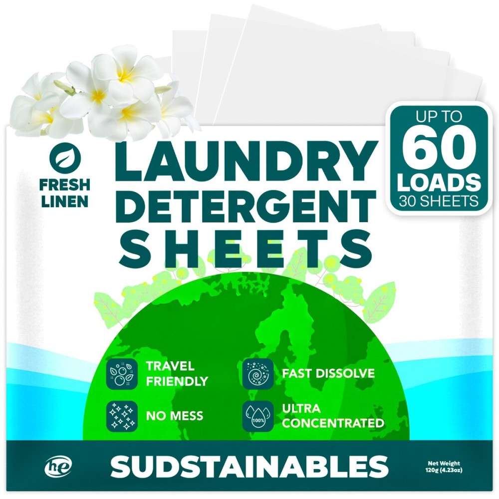 Sudstainables Laundry Detergent Sheets 60 Loads - Dissolvable Laundry Sheet for Washing Machines, Compact Alternative to Liquid & Powder Detergent, Travel-Friendly Soap | Fresh Linen
