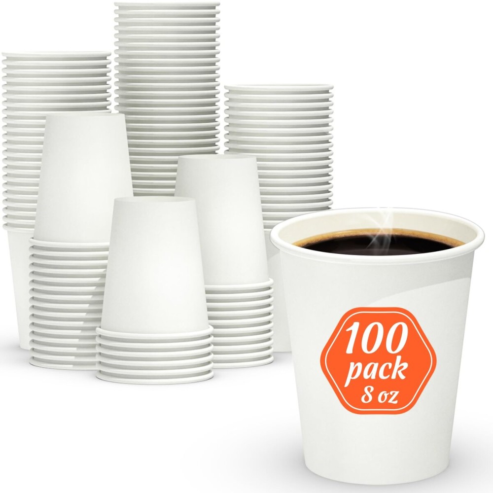 Dealusy 100 Count 8 oz Coffee Cups, Leak-Free Food Safe Paper Cups 8 oz, Disposable 8oz White Paper Cups for Cold and Hot Drinks