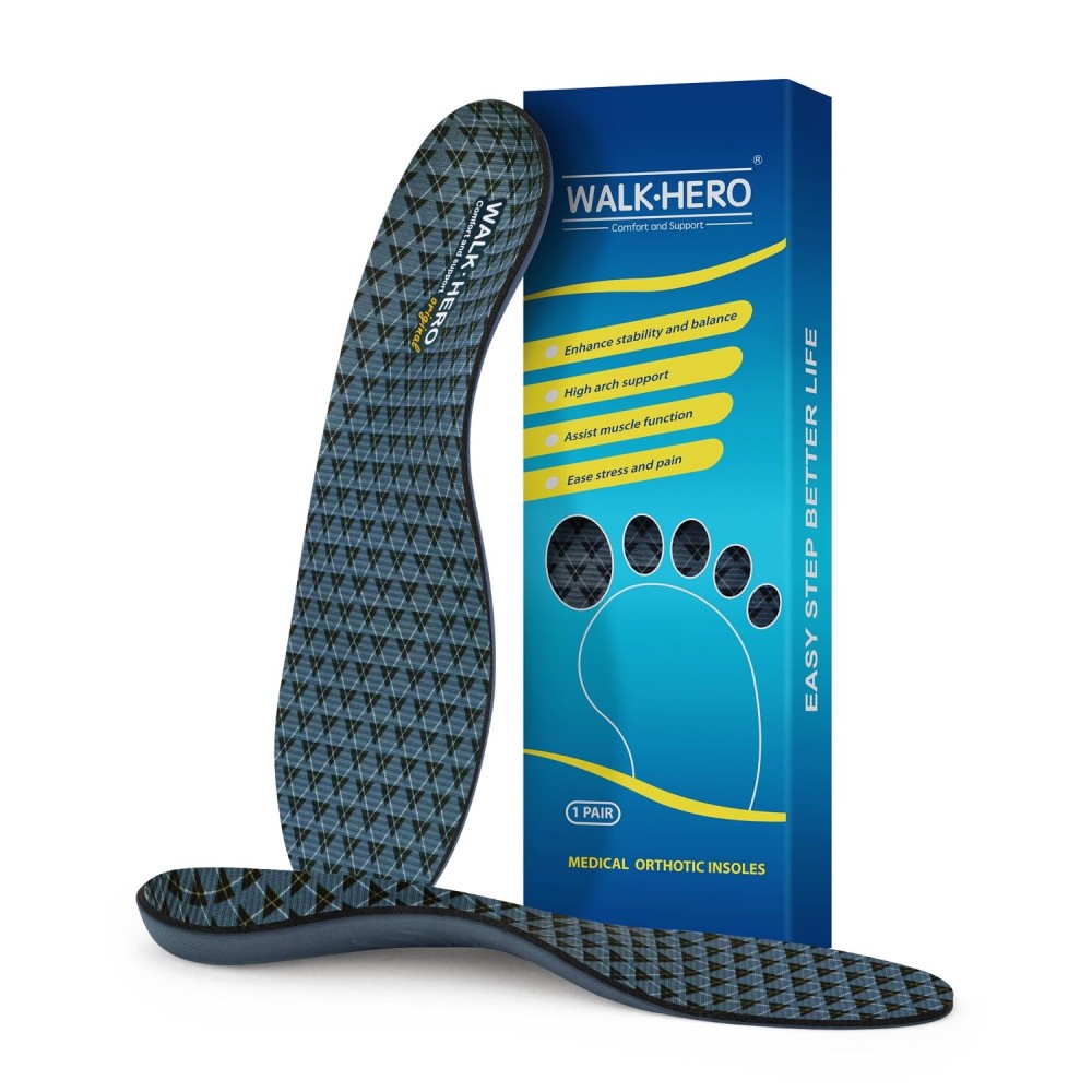 Walkhero Plantar Fasciitis Insoles - High Arch Support Inserts, Everyday Comfort and Support for Work Boots and Casual Shoes (Mens 12-12 1/2 | Womens 14-14 1/2 Gray)