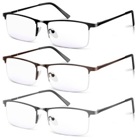 WEIMELTOY 3 Pack Blue Light Blocking Reading Glasses for Men, Stylish Half Frame Metal Computer Readers, Lightweight Spring Hinge Eyeglasses Anti Eyestrain/Glare/UV (Mix Color, Black+Grey+Brown, 4.0)
