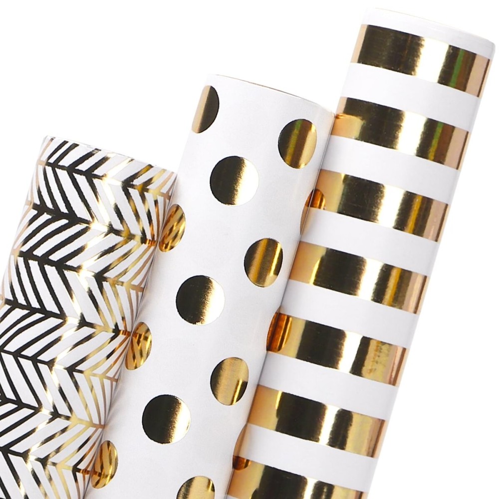 Ribbli Birthday Wrapping Paper White and Gold Gift Wrapping Paper for Christmas Mini Roll, 3 Rolls Polka Dots Stripes Geometry Pattern with Gold Foil - 17 inch x 120 inch(10feet) Per Roll