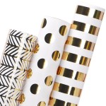 Ribbli Birthday Wrapping Paper White and Gold Gift Wrapping Paper for Christmas Mini Roll, 3 Rolls Polka Dots Stripes Geometry Pattern with Gold Foil - 17 inch x 120 inch(10feet) Per Roll