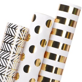 Ribbli Birthday Wrapping Paper White and Gold Gift Wrapping Paper for Christmas Mini Roll, 3 Rolls Polka Dots Stripes Geometry Pattern with Gold Foil - 17 inch x 120 inch(10feet) Per Roll