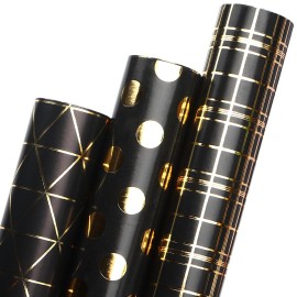 Ribbli Birthday Wrapping Paper Black and Gold Gift Wrap for Father\'s Day Men Husband Boyfriend Mini Roll, 3 Rolls Geometry Pattern - 17 inch x 120 inch(10feet) Per Roll