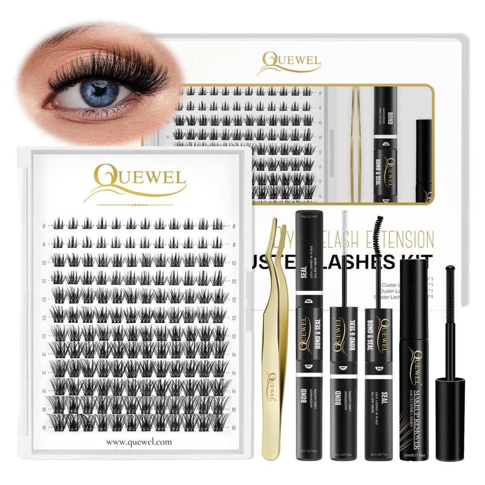 QUEWEL DIY Eyelash Extensions Kit, 144 Pcs Lash Clusters, Clusters Eyelash Applicator Tool, Super Hold Cluster Lashes Bond and Seal, Clusters Lash Glue Remover Easy to Apply at Home(Common-Kit)