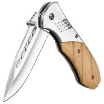 KEXMO Folding Pocket Knife - 3.46 Sharp Blade Olive Wood Handle Pocket Knives with Clip, Glass Breaker - EDC Knife for Dad Women Tactical Hunting Survival Camping Fishing Hiking - Sliver