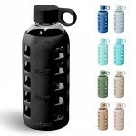 purifyou 40oz / 32oz / 22oz / 12oz Borosilicate Glass Water Bottle with Time & Volume Markers, Silicone Sleeve, Stainless Steel Lid | Reusable Glass Bottle for Water & Juice (22oz Jet Black)
