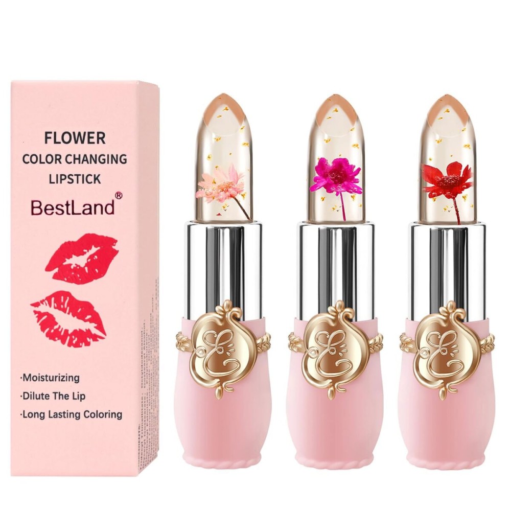 BestLand 3 Pcs/Set Flower Jelly Lipstick Set Temperature Change Moisturizer Long Lasting Nutritious Balm Magic Color Change Lip Gloss (3Pcs Flower Jelly Lipstick 010203)