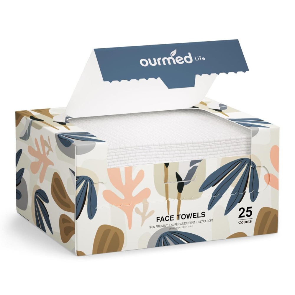 Ourmed Life Face Towels, Disposable Biodegradable Facial Towels for Sensitive Skin, Lint- free Face Wipes for Washing Face, Skincare and Makeup Remover, Dry Wipes, 1012 Extra Large, 25 Count