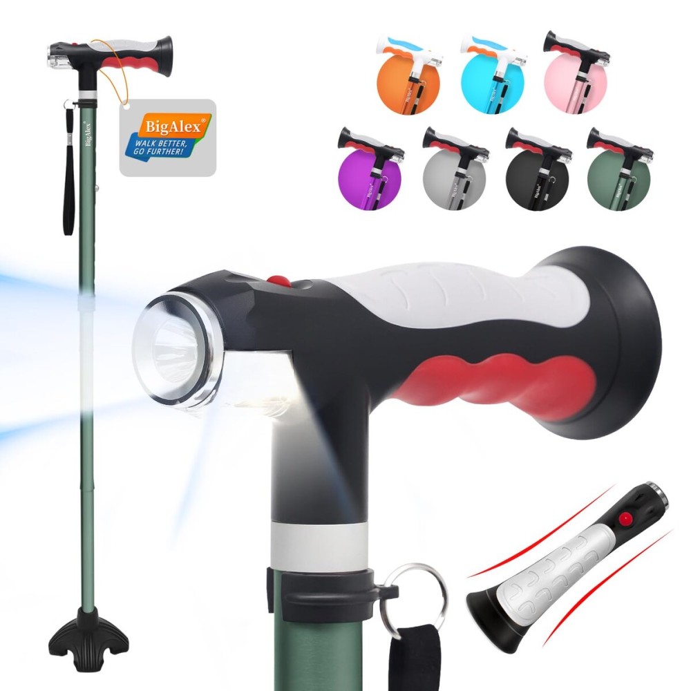 BigAlex Folding Walking Cane with Two Led Lights for Elderly Solid Base Adjustable Walking Stick with Carrying Bag for Men Women