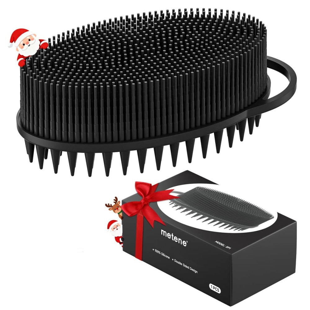 Metene Silicone Exfoliating Body Scrubber with Loop, Body Scrubber for Men and Women, Double-Sided, Soft for Shower and Bath Skincare Routine(Dark Black