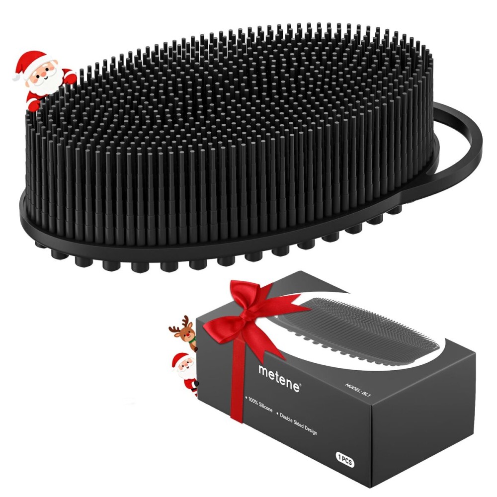 Metene Silicone Exfoliating Body Scrubber with Loop, Body Scrubber for Men and Women, Silicone Loofah for Shower, Soft Silicone for Shower and Bath Skincare Routine (Black)