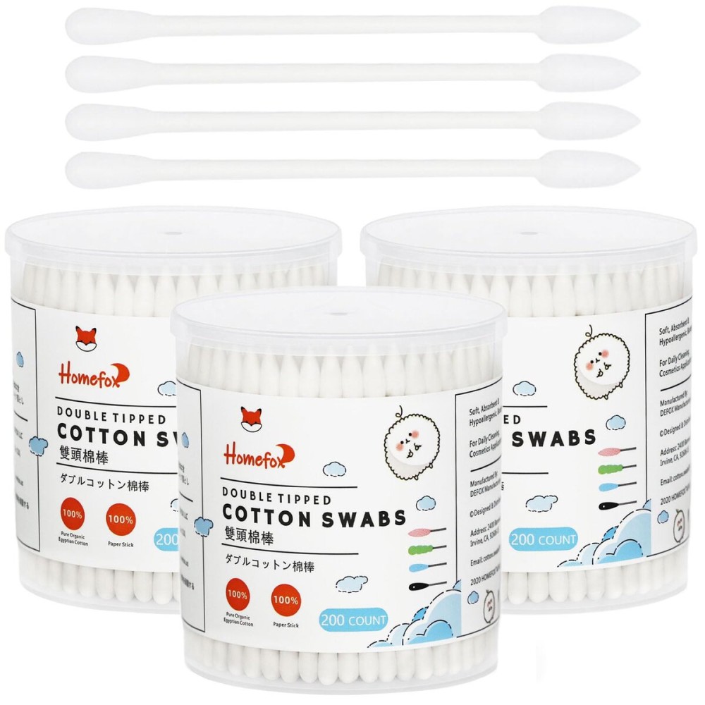 HOMEFOX Cotton Swabs Precision Pointed - 600 Count Pointy Organic Cotton Buds Double Side Tightly Wrapped Cotton Tips Paper Stick Soft Gentle Lint-Free Cruelty-Free, Pointy & Round (White)