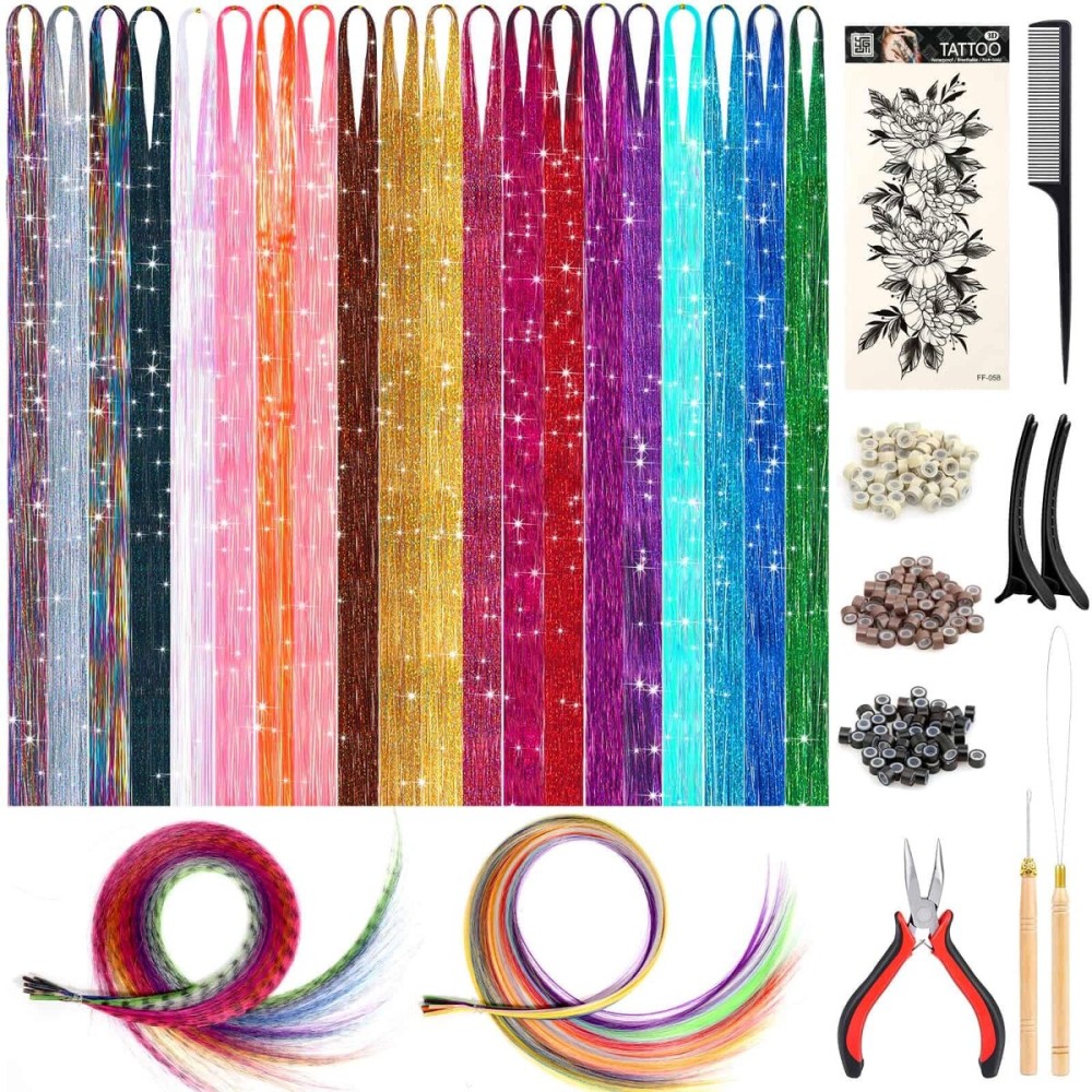 20 Colors Hair Tinsel with Feathers & Colorful Hair Extensions Kit, 48 Inch Sparkle Fairy Hair Glitter Strands with Colored Feathers Rainbow Hair Extensions for Women Girls Kids Party Festival