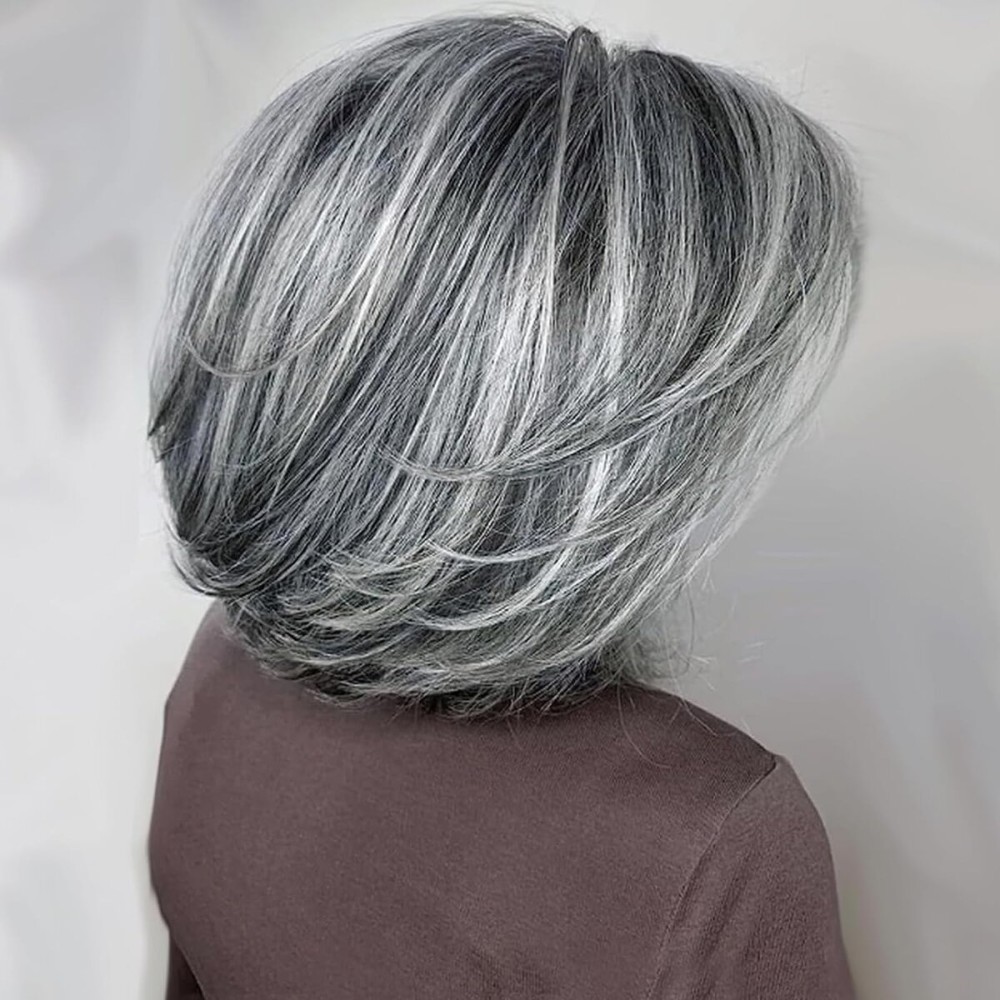 TISHINING Grey Short Bob Wigs for White Women with Curtain Bangs Chin Length Highlight Gray Natural Straight Hair Wig Synthetic Natural Looking Daily Party Wig Salt and Pepper Wigs for Women