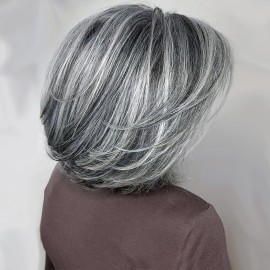 TISHINING Grey Short Bob Wigs for White Women with Curtain Bangs Chin Length Highlight Gray Natural Straight Hair Wig Synthetic Natural Looking Daily Party Wig Salt and Pepper Wigs for Women
