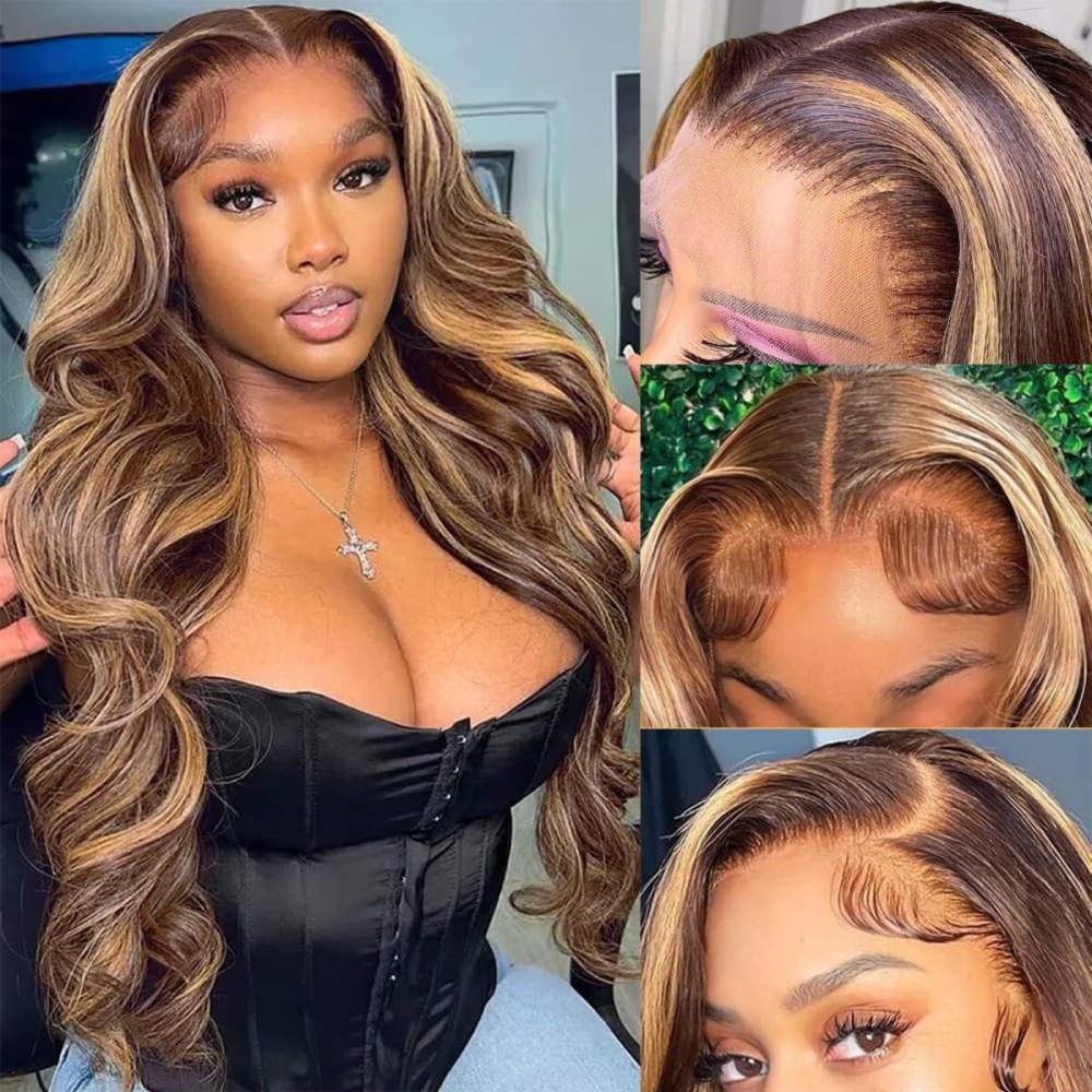 Pizazz Ombre Highlight 13x4 HD Lace Front Wigs Human Hair with Baby Hair 180 Density Glueless Wigs Human Hair Pre Plucked 4/27 Honey Blonde Body Wave Frontal Wigs 30 Inch
