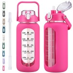kytffu 64oz Glass Water Bottles with Straw, Half Gallon Motivational Glass Bottle with Silicone Sleeve and Time Marker, 2L Leakproof Large Glass Water Jug for Gym Home Office, Rose Red