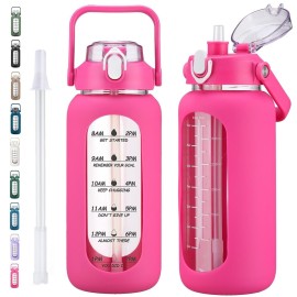 kytffu 64oz Glass Water Bottles with Straw, Half Gallon Motivational Glass Bottle with Silicone Sleeve and Time Marker, 2L Leakproof Large Glass Water Jug for Gym Home Office, Rose Red