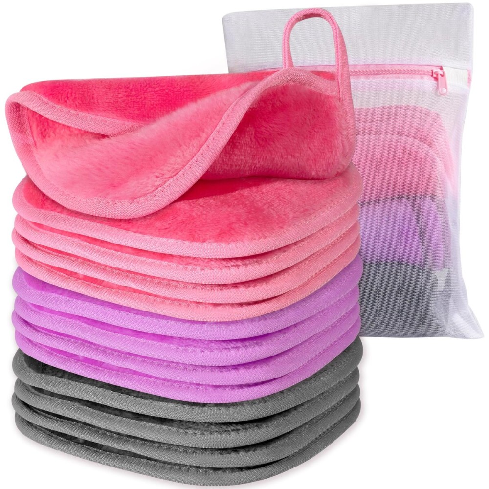 Makeup Remover Cloth, 6 x 6 Make Up Towels Reusable Face Cloth for Washing Face, 12 Pack Makeup Remover Pads Microfiber Face Washcloth with Mesh Bag, Just Water, Grey/Purple/Pink
