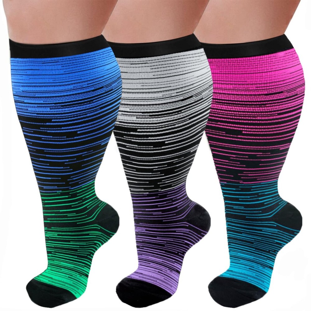3 Pairs Plus Size Compression Socks for Women and Men Wide Calf 20-30mmhg Extra Large Knee High Support for Circulation