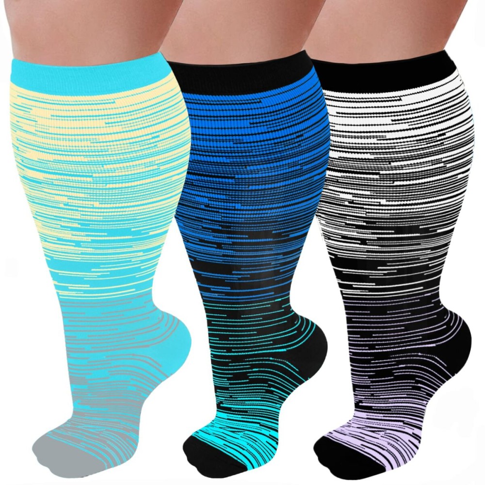 3 Pairs Plus Size Compression Socks for Women and Men Wide Calf 20-30mmhg Extra Large Knee High Support for Circulation