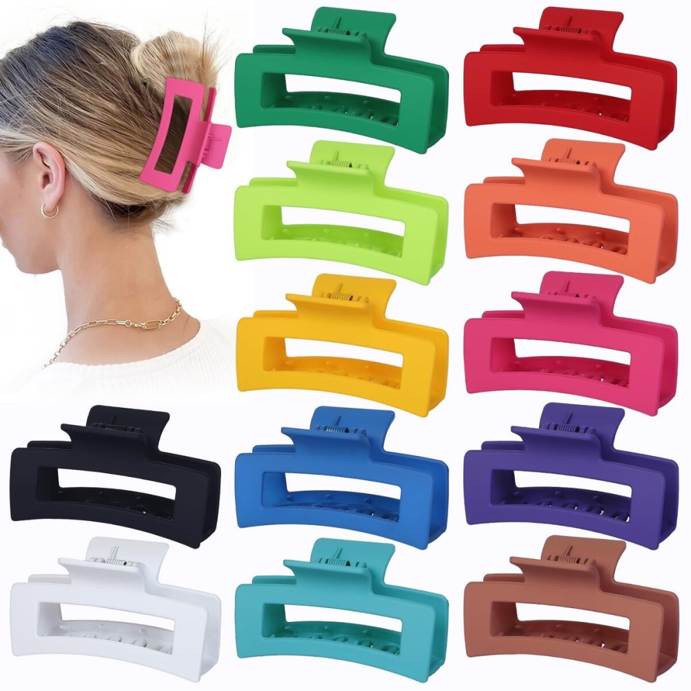 Sisiaipu 3.5 Inch Medium Hair Accessories: 12 Pcs Square Jaw Clips for Thick and Thin Hair - Rectangular Bulk Clips for Women and Girls - Dopamine