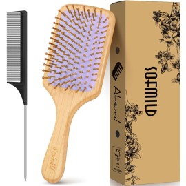 Bamboo Wooden Paddle Hair Brush-Bamboo Wood Bristles Detangling Hairbrush for Women Men Massaging Scalp Hair Growth