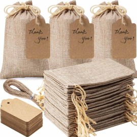 Homum 100Pcs Premium Burlap Gift Bags with Drawstring and Gift Tags & String, 3x4 Inch Reusable Gift Bags, Burlap Bags for Christmas, DIY Craft Bags