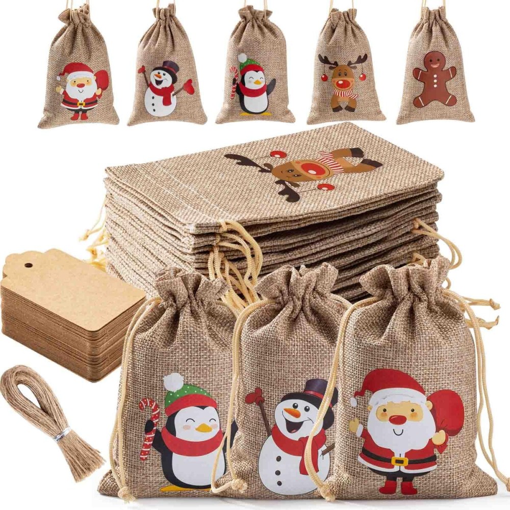 Homum 25 Pcs Christmas Burlap Gift Bags with Drawstring and Tags - 4x6 Inch Tiny Small Gift Bags for Xmas Candy and Christmas Supplies