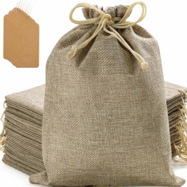 Homum 25 Pcs 7x9 Inch Burlap Gift Bags with Drawstring and Gift Tags, Burlap Jute Bags for Party, Christmas, DIY Craft
