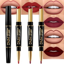 evpct 3Pcs Dark Ruby Wine Red Lip Liner and Lipstick Set Kit for Women Matte Matt 24 Hour Lipstick and with Lip Liner Pencil Set Waterproof Long Lasting 24 labial labiales mate 24 horas originales