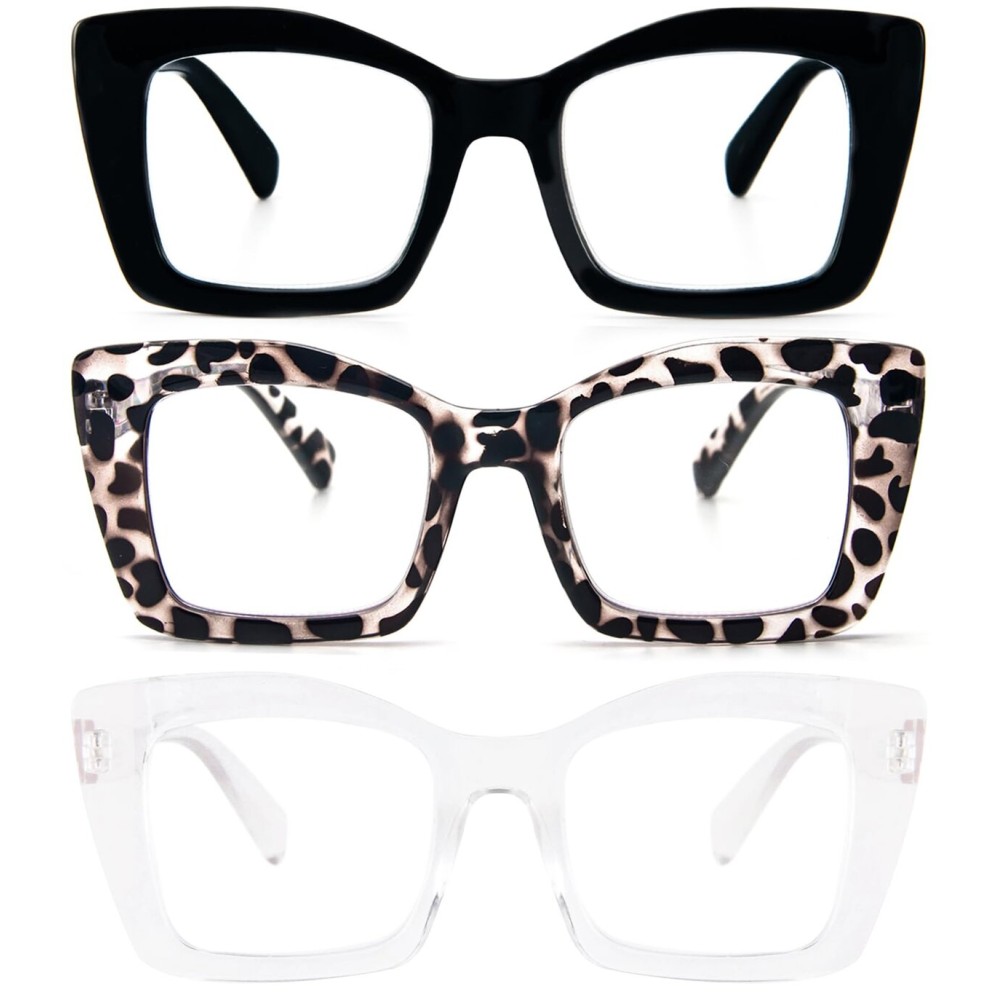 REAVEE 3 Pack Oversized Square Reading Glasses Oprah Style for Women, Blue Light Blocking Large Frame Computer Designer Fashion Readers with Spring Hinge (Black/Transparent Tortoise/Clear,1.75)