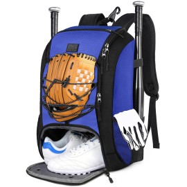 MATEIN Baseball Bat Bag, Lightweight Softball Bag with Shoes Compartment for Men Women, Baseball Catchers Bags Gifts for Adults with Fence Hook Fits 2 Bats, Batting Mitten, Helmet, Tball Gear, Blue