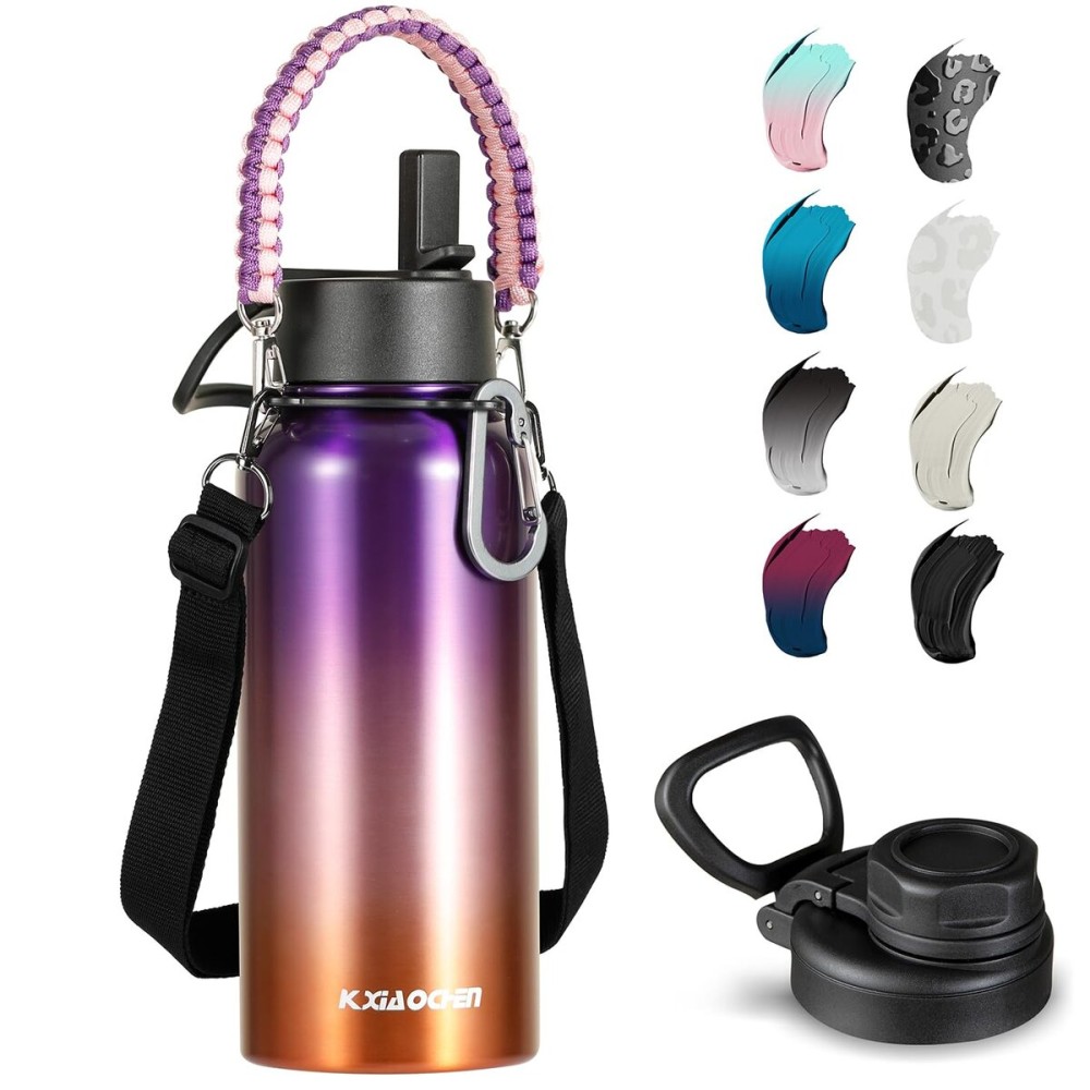 KXIAOCHEN Insulated Water Bottle, Stainless Steel Water Bottle, 2 Lids (Straw and Handle Lid),Wide Mouth Metal Water Bottles Keep Hot and Cold, Double Walled, Thermo Mug, Metal Canteen