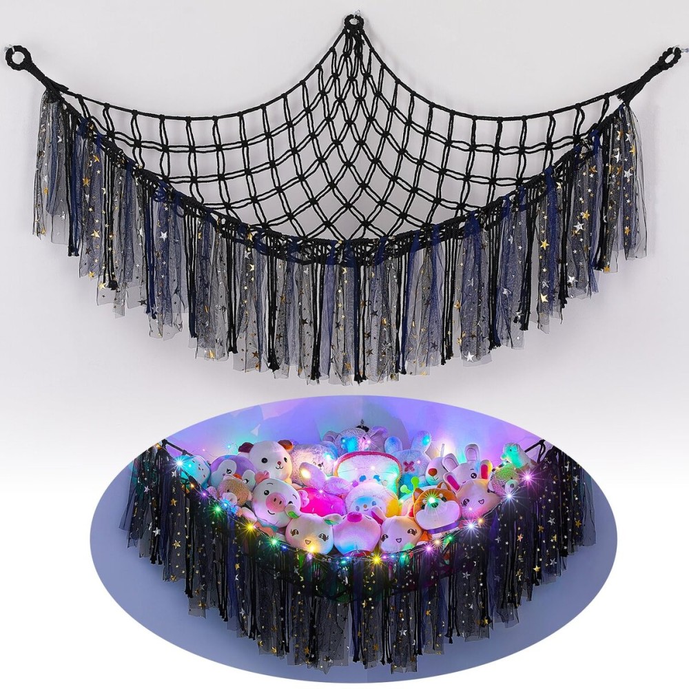 FIOBEE Stuffed Animals Net or Hammock with LED Light, Toy Hammock Hanging Stuffed Animals Storage Organizer Holder Room Dcor for Nursery Kids Bedroom
